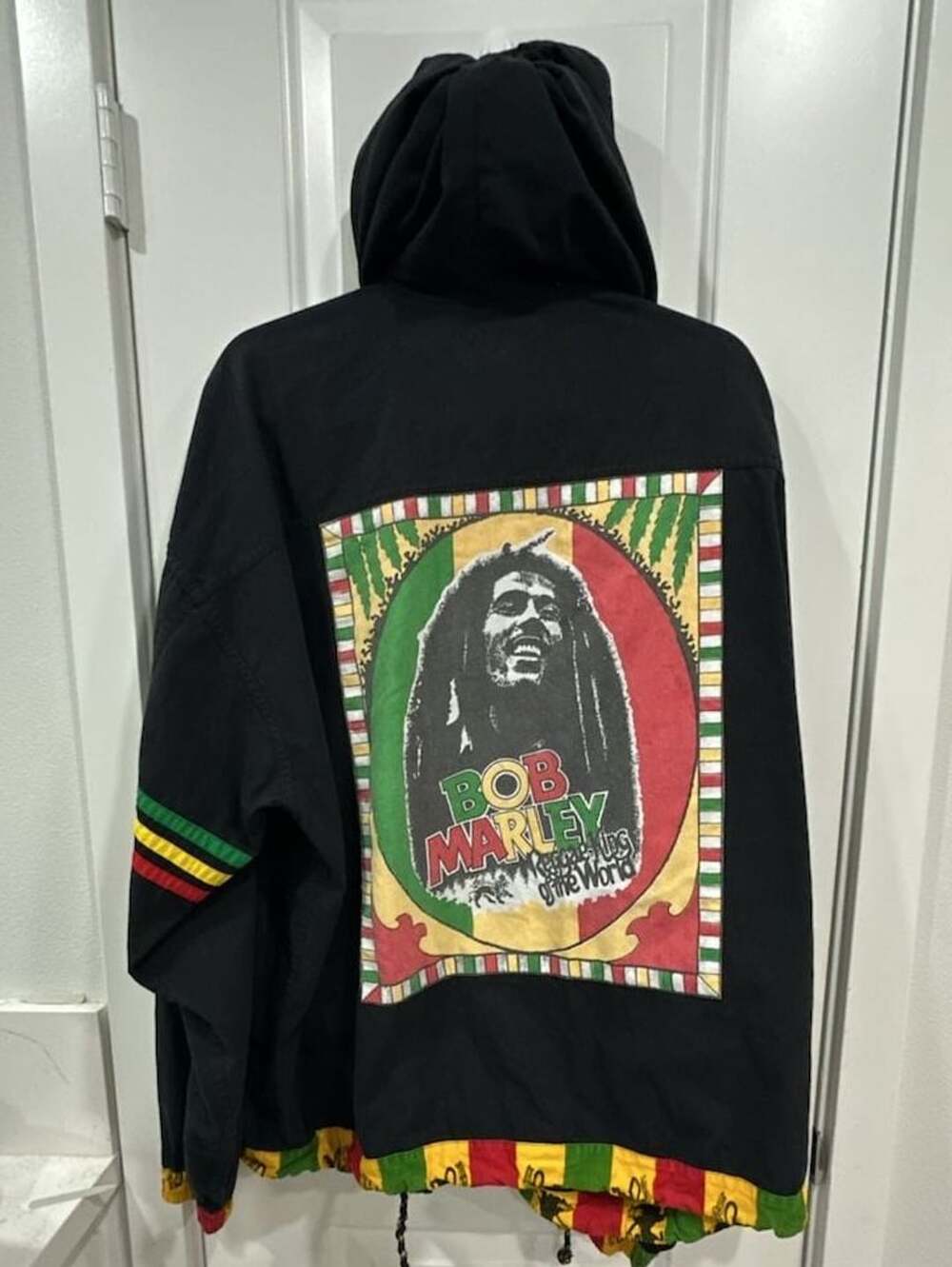 Bob Marley Reggae King of the World Black Zip-Up Hooded Jacket with Rasta Trim